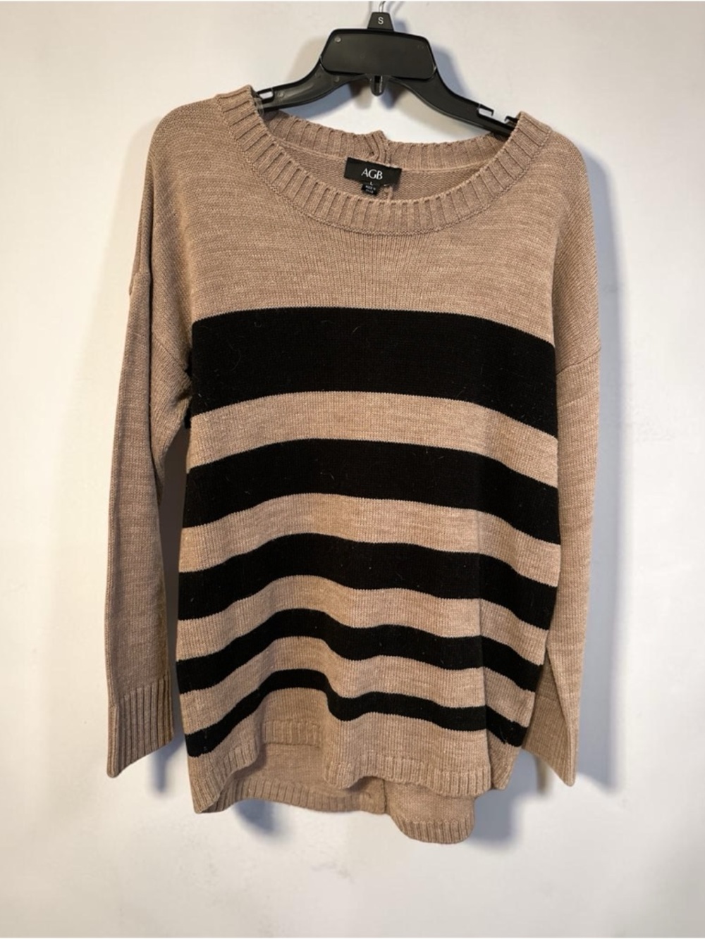 AGB Taupe and Black Striped Crew Neck Sweater
